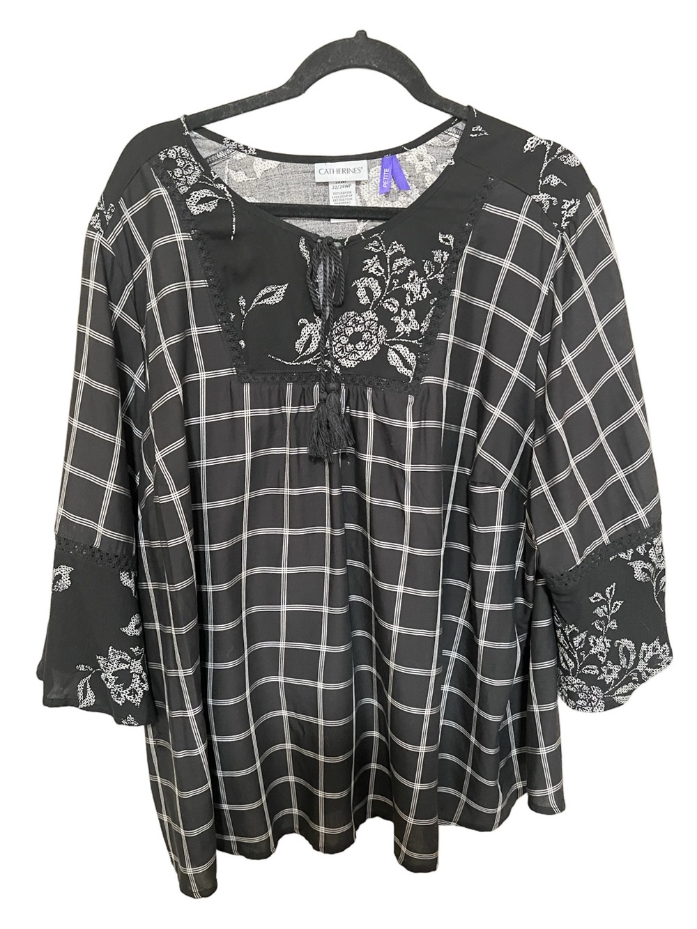 Catherine’s 2XP Peasant Popover Keyhole Tassel Floral Tunic Check Crotchet Boho